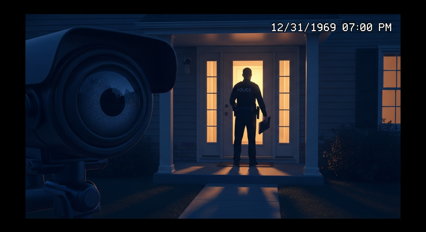Doorbell camera view of a police officer at the front door with an incorrect timestamp